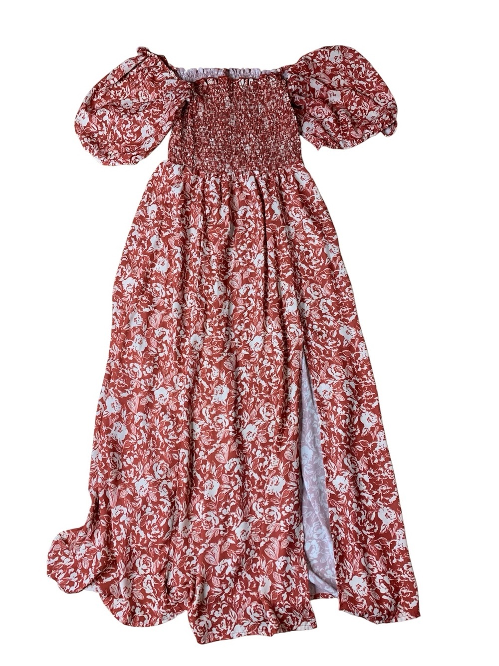 RESA Smocked Bodice Puff Sleeve Side Slit Floral Maxi Dress Size XS